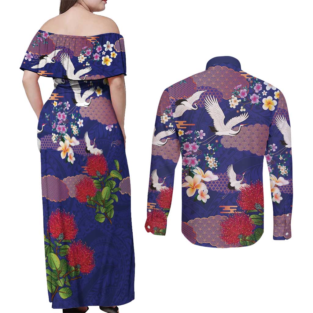 Hawaiian and Japanese Culture Together Couples Matching Off Shoulder Maxi Dress and Long Sleeve Button Shirt Blue Ohia Lehua Plumeria and Sakura Blooming LT03 - Polynesian Pride
