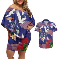 Hawaiian and Japanese Culture Together Couples Matching Off Shoulder Short Dress and Hawaiian Shirt Blue Ohia Lehua Plumeria and Sakura Blooming LT03 Blue - Polynesian Pride