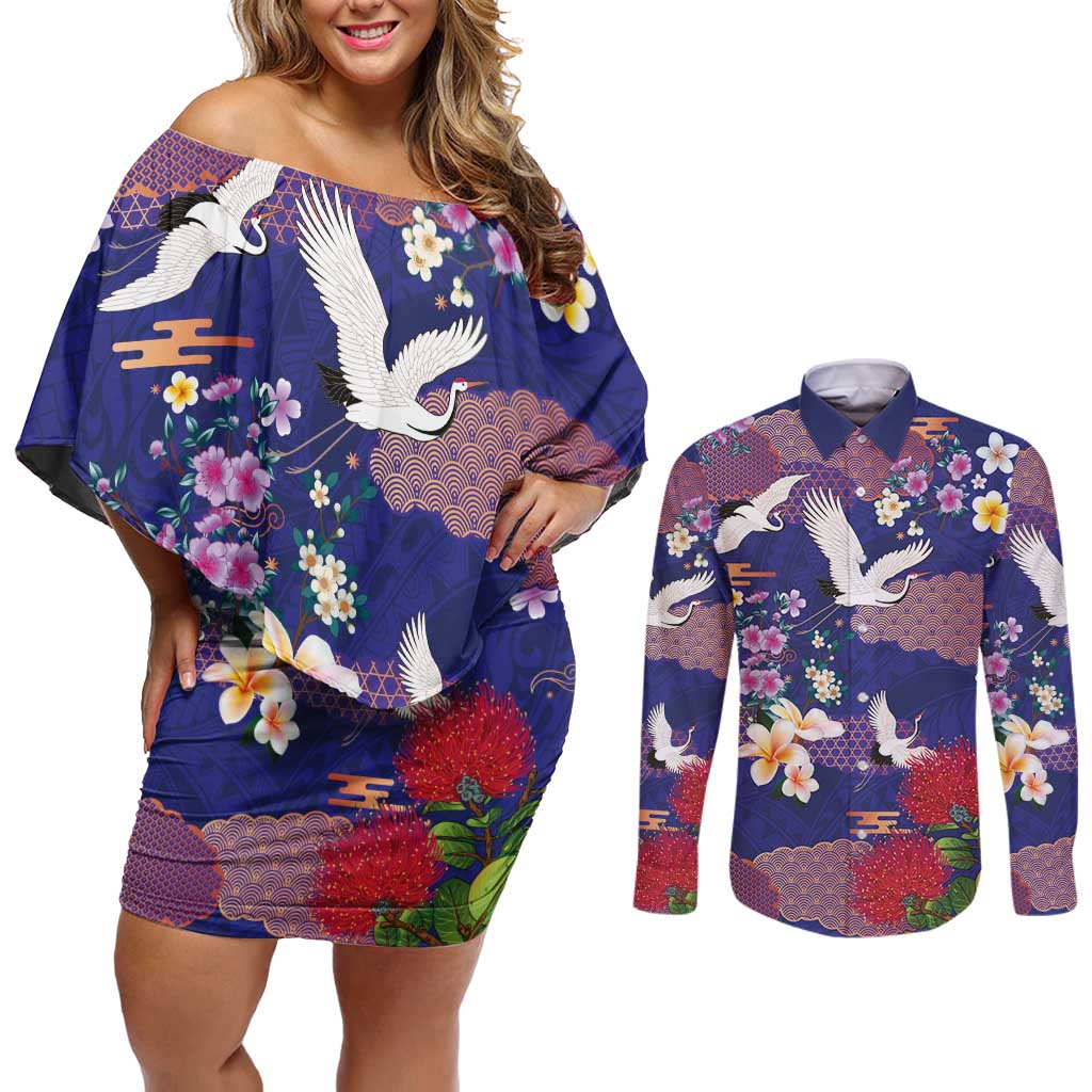 Hawaiian and Japanese Culture Together Couples Matching Off Shoulder Short Dress and Long Sleeve Button Shirt Blue Ohia Lehua Plumeria and Sakura Blooming LT03 Blue - Polynesian Pride