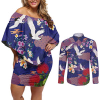 Hawaiian and Japanese Culture Together Couples Matching Off Shoulder Short Dress and Long Sleeve Button Shirt Blue Ohia Lehua Plumeria and Sakura Blooming LT03 Blue - Polynesian Pride