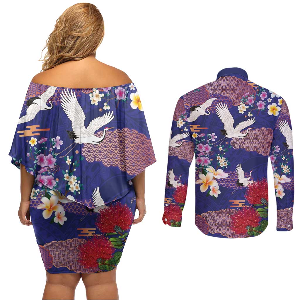 Hawaiian and Japanese Culture Together Couples Matching Off Shoulder Short Dress and Long Sleeve Button Shirt Blue Ohia Lehua Plumeria and Sakura Blooming LT03 - Polynesian Pride