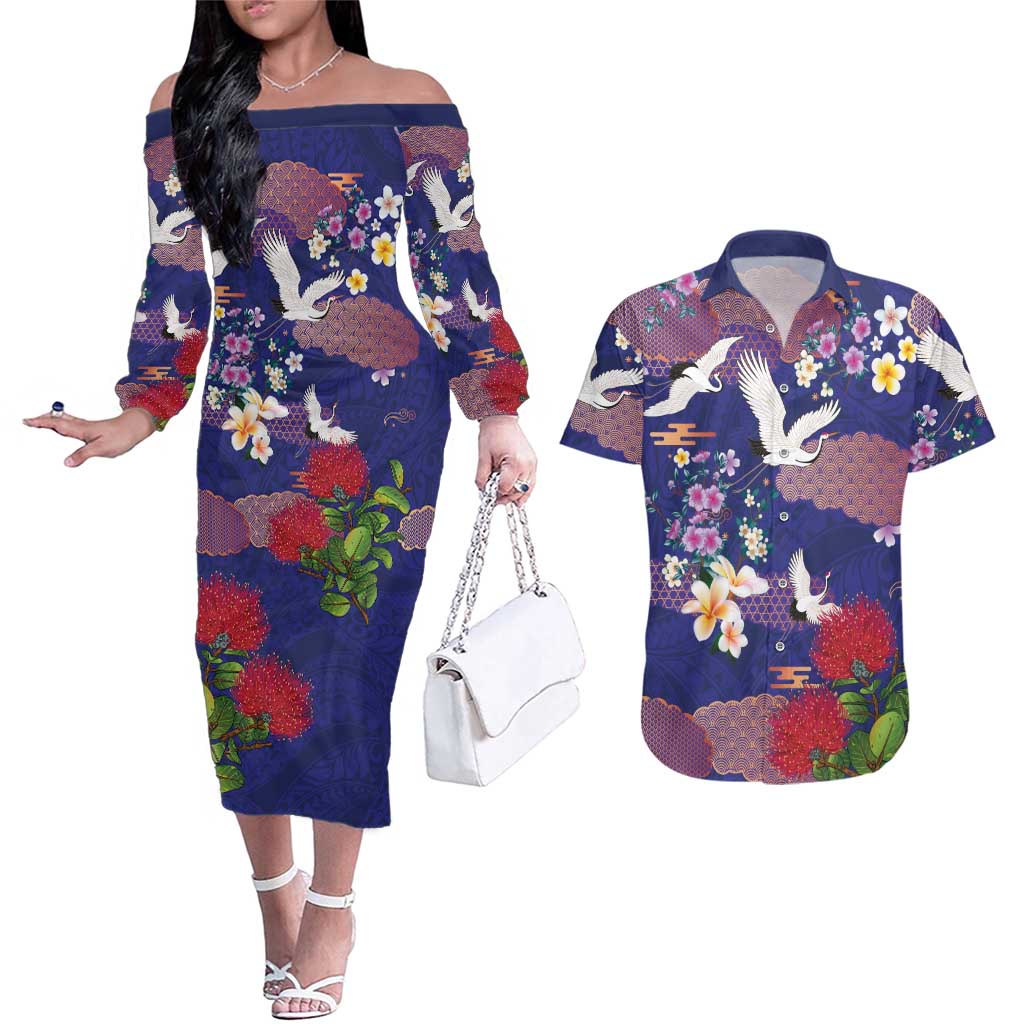 Hawaiian and Japanese Culture Together Couples Matching Off The Shoulder Long Sleeve Dress and Hawaiian Shirt Blue Ohia Lehua Plumeria and Sakura Blooming LT03 Blue - Polynesian Pride
