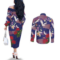 Hawaiian and Japanese Culture Together Couples Matching Off The Shoulder Long Sleeve Dress and Long Sleeve Button Shirt Blue Ohia Lehua Plumeria and Sakura Blooming LT03 - Polynesian Pride