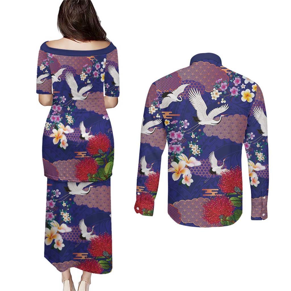 Hawaiian and Japanese Culture Together Couples Matching Puletasi and Long Sleeve Button Shirt Blue Ohia Lehua Plumeria and Sakura Blooming LT03 - Polynesian Pride