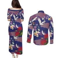 Hawaiian and Japanese Culture Together Couples Matching Puletasi and Long Sleeve Button Shirt Blue Ohia Lehua Plumeria and Sakura Blooming LT03 - Polynesian Pride