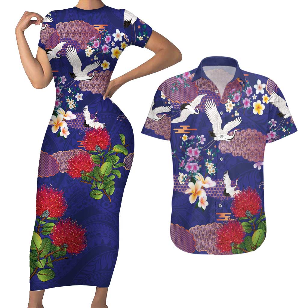 Hawaiian and Japanese Culture Together Couples Matching Short Sleeve Bodycon Dress and Hawaiian Shirt Blue Ohia Lehua Plumeria and Sakura Blooming LT03 Blue - Polynesian Pride