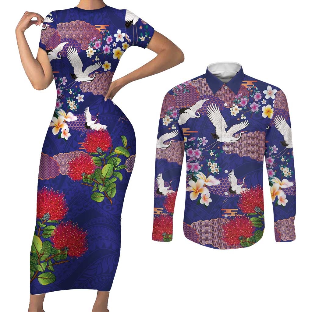 Hawaiian and Japanese Culture Together Couples Matching Short Sleeve Bodycon Dress and Long Sleeve Button Shirt Blue Ohia Lehua Plumeria and Sakura Blooming LT03 Blue - Polynesian Pride