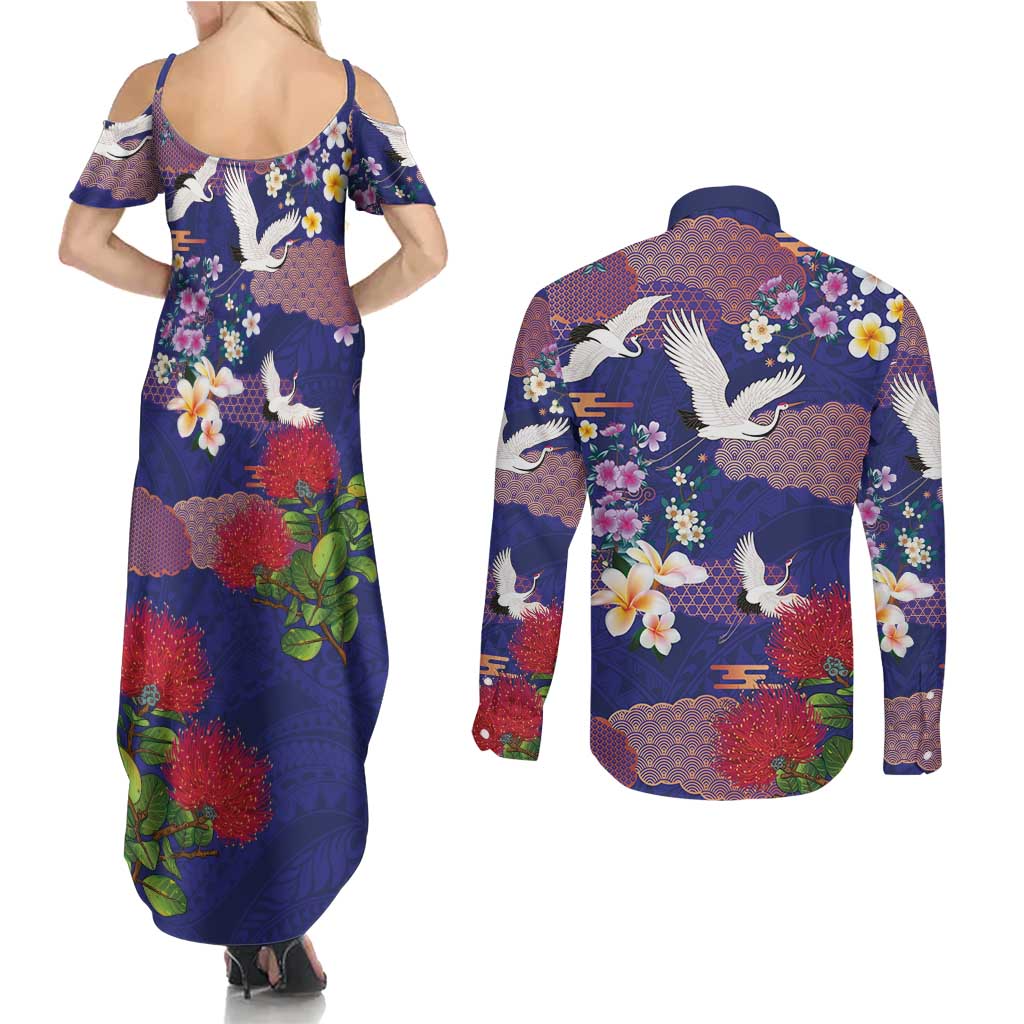 Hawaiian and Japanese Culture Together Couples Matching Summer Maxi Dress and Long Sleeve Button Shirt Blue Ohia Lehua Plumeria and Sakura Blooming LT03 - Polynesian Pride