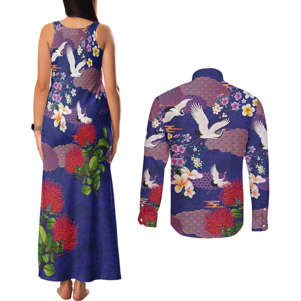Hawaiian and Japanese Culture Together Couples Matching Tank Maxi Dress and Long Sleeve Button Shirt Blue Ohia Lehua Plumeria and Sakura Blooming LT03 - Polynesian Pride