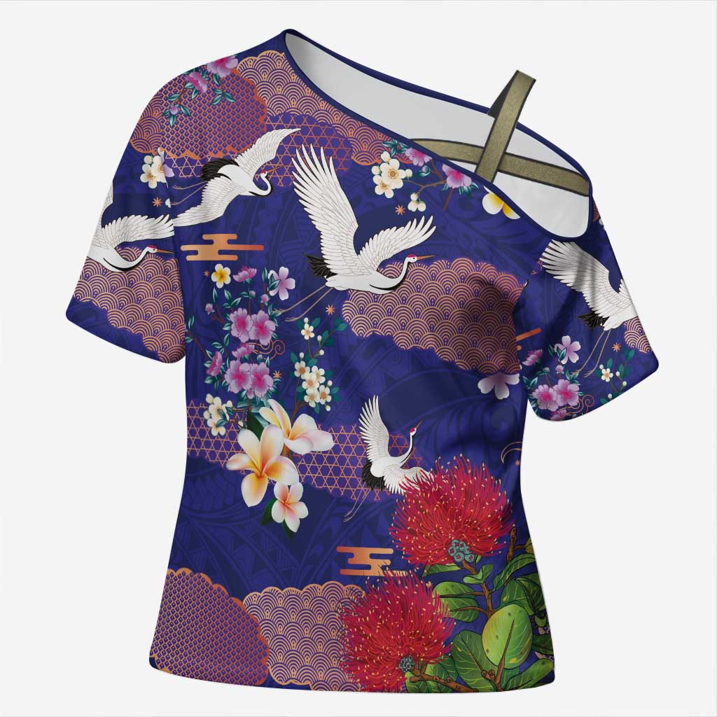 Hawaiian and Japanese Culture Together Cross Shoulder Shirt Blue Ohia Lehua Plumeria and Sakura Blooming LT03 Female Blue - Polynesian Pride
