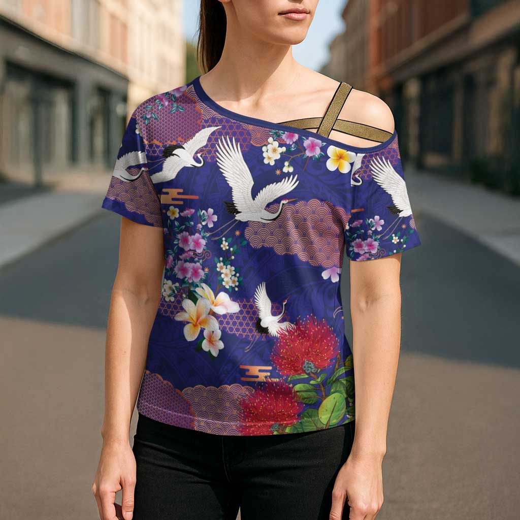 Hawaiian and Japanese Culture Together Cross Shoulder Shirt Blue Ohia Lehua Plumeria and Sakura Blooming LT03 - Polynesian Pride