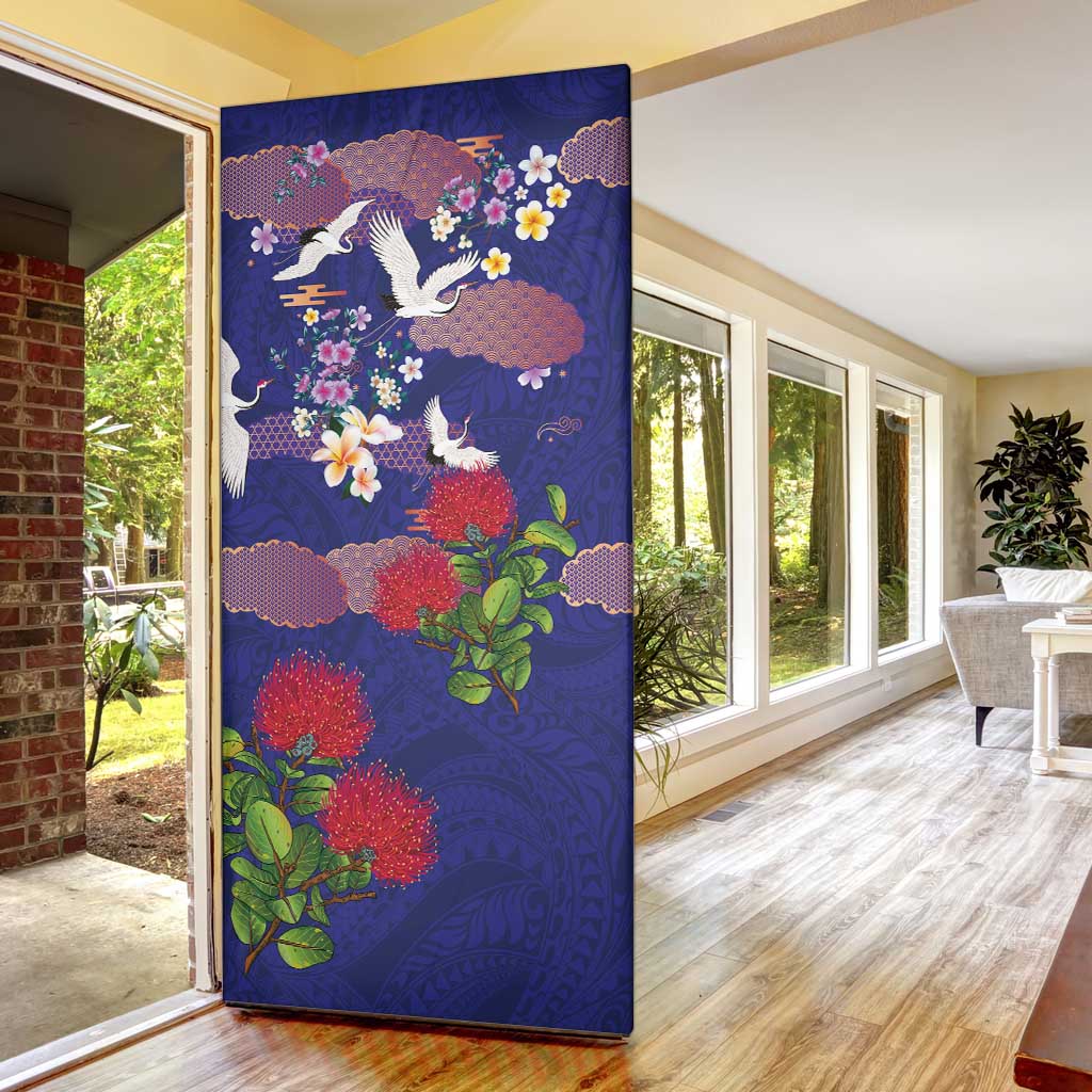 Hawaiian and Japanese Culture Together Door Cover Blue Ohia Lehua Plumeria and Sakura Blooming LT03 - Polynesian Pride