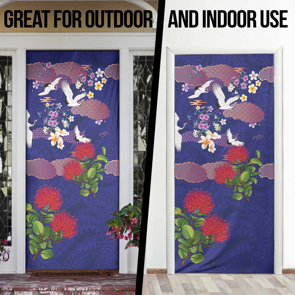 Hawaiian and Japanese Culture Together Door Cover Blue Ohia Lehua Plumeria and Sakura Blooming LT03 - Polynesian Pride
