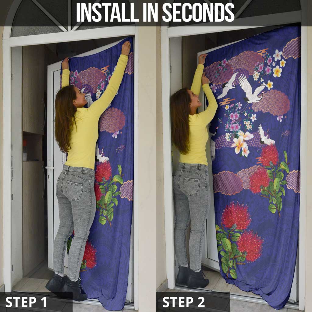 Hawaiian and Japanese Culture Together Door Cover Blue Ohia Lehua Plumeria and Sakura Blooming LT03 - Polynesian Pride
