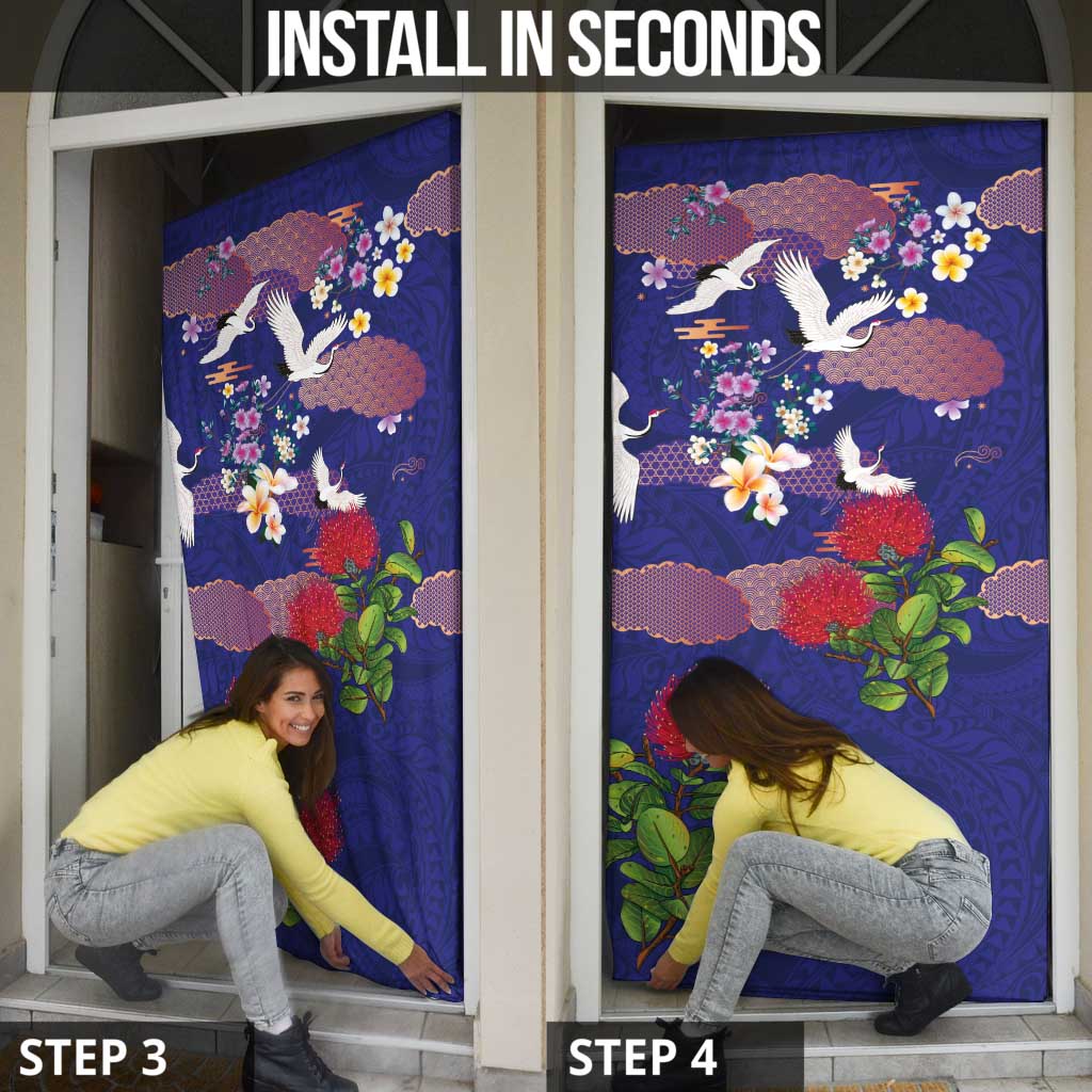 Hawaiian and Japanese Culture Together Door Cover Blue Ohia Lehua Plumeria and Sakura Blooming LT03 - Polynesian Pride