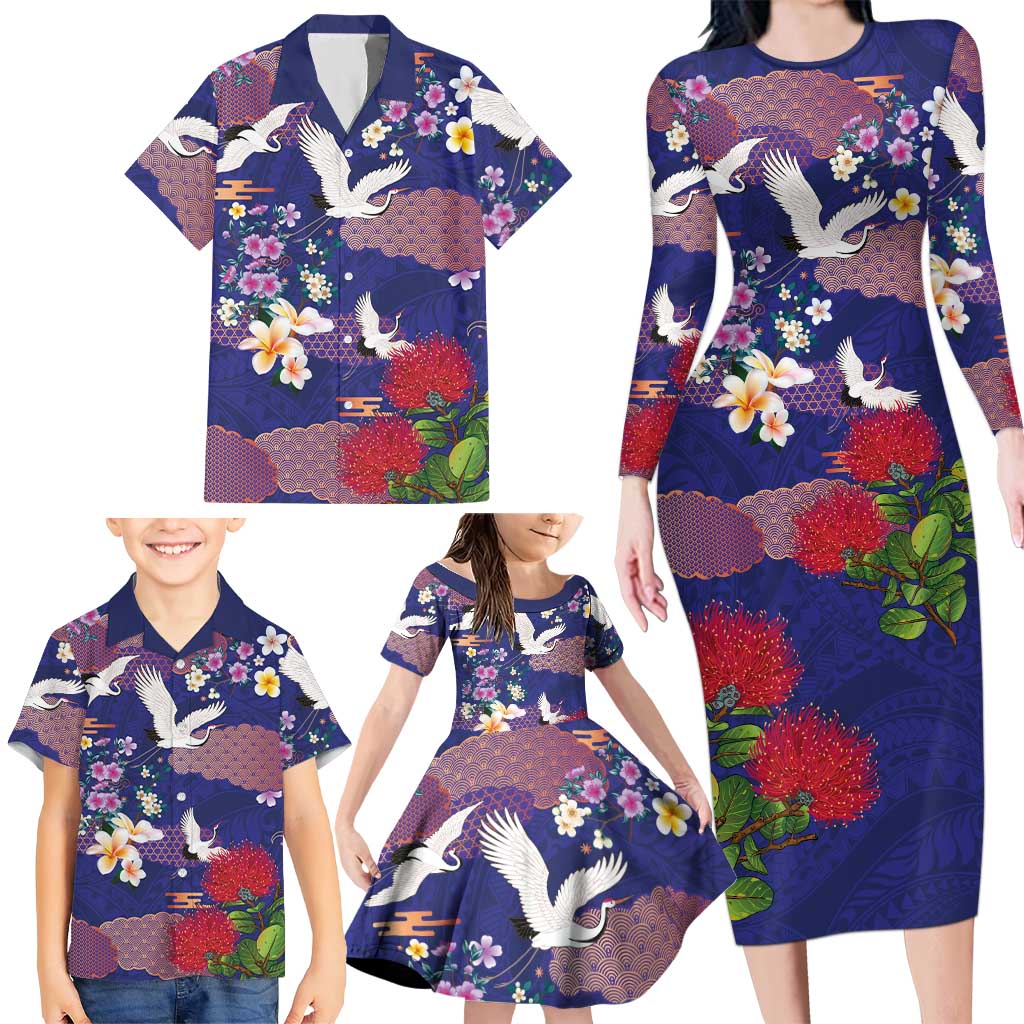 Hawaiian and Japanese Culture Together Family Matching Long Sleeve Bodycon Dress and Hawaiian Shirt Blue Ohia Lehua Plumeria and Sakura Blooming - Polynesian Pride