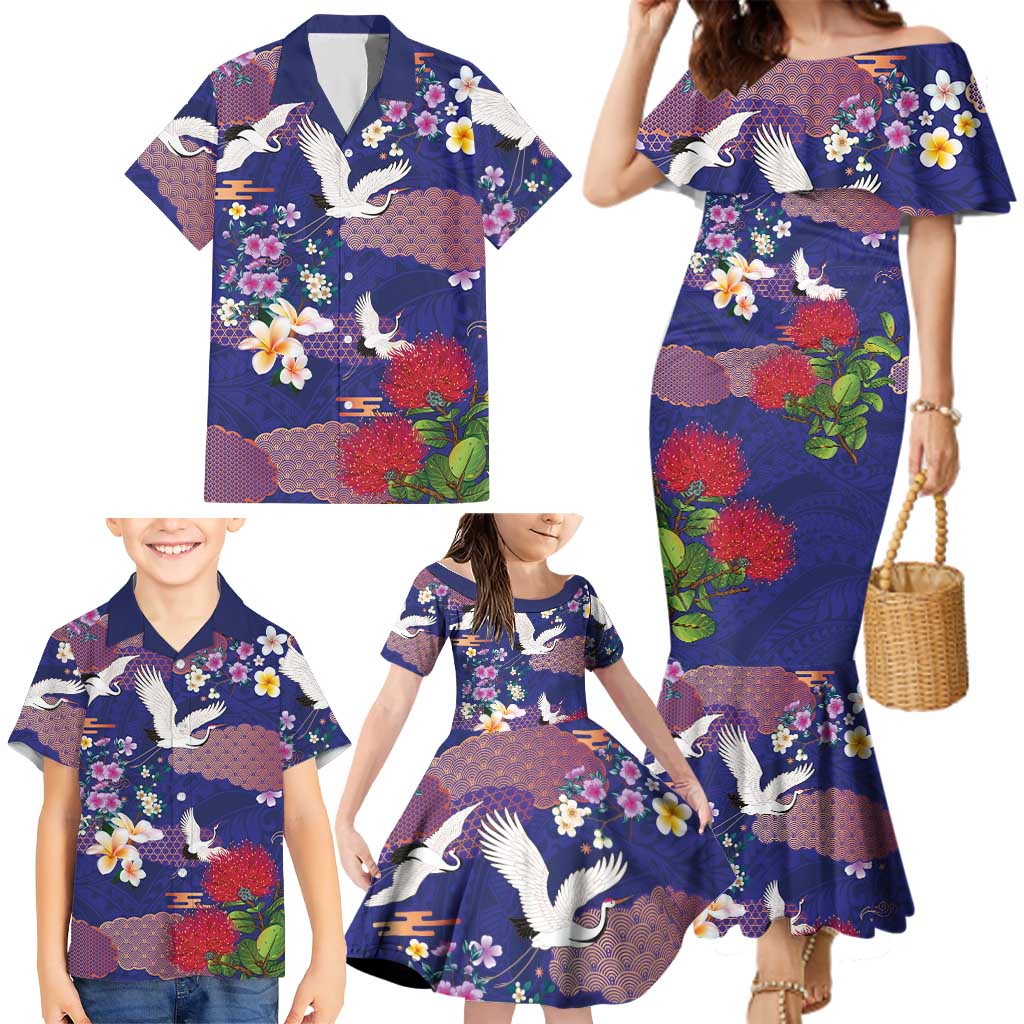 Hawaiian and Japanese Culture Together Family Matching Mermaid Dress and Hawaiian Shirt Blue Ohia Lehua Plumeria and Sakura Blooming LT03 - Polynesian Pride
