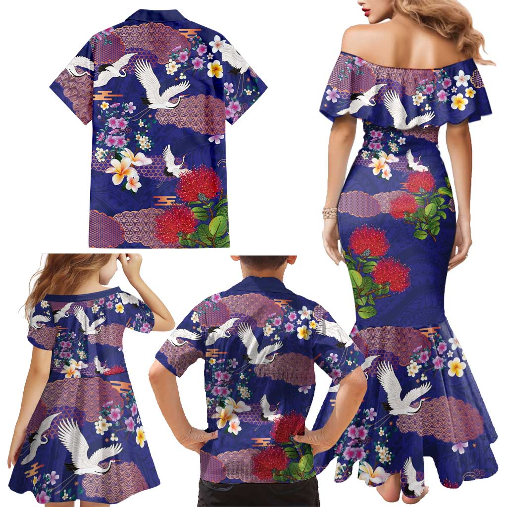 Hawaiian and Japanese Culture Together Family Matching Mermaid Dress and Hawaiian Shirt Blue Ohia Lehua Plumeria and Sakura Blooming LT03 - Polynesian Pride