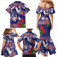 Hawaiian and Japanese Culture Together Family Matching Mermaid Dress and Hawaiian Shirt Blue Ohia Lehua Plumeria and Sakura Blooming LT03 - Polynesian Pride