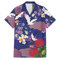 Hawaiian and Japanese Culture Together Family Matching Mermaid Dress and Hawaiian Shirt Blue Ohia Lehua Plumeria and Sakura Blooming LT03 Dad's Shirt - Short Sleeve Blue - Polynesian Pride