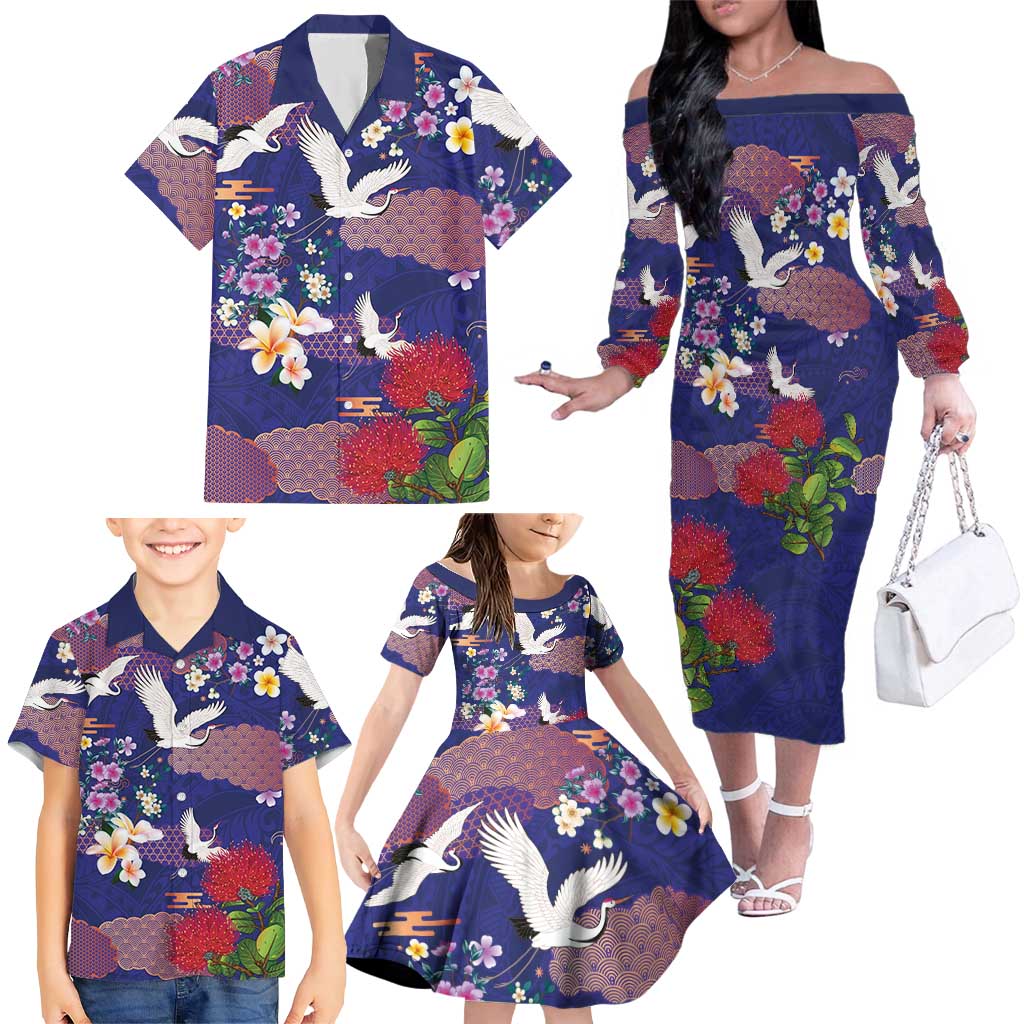Hawaiian and Japanese Culture Together Family Matching Off The Shoulder Long Sleeve Dress and Hawaiian Shirt Blue Ohia Lehua Plumeria and Sakura Blooming LT03 - Polynesian Pride