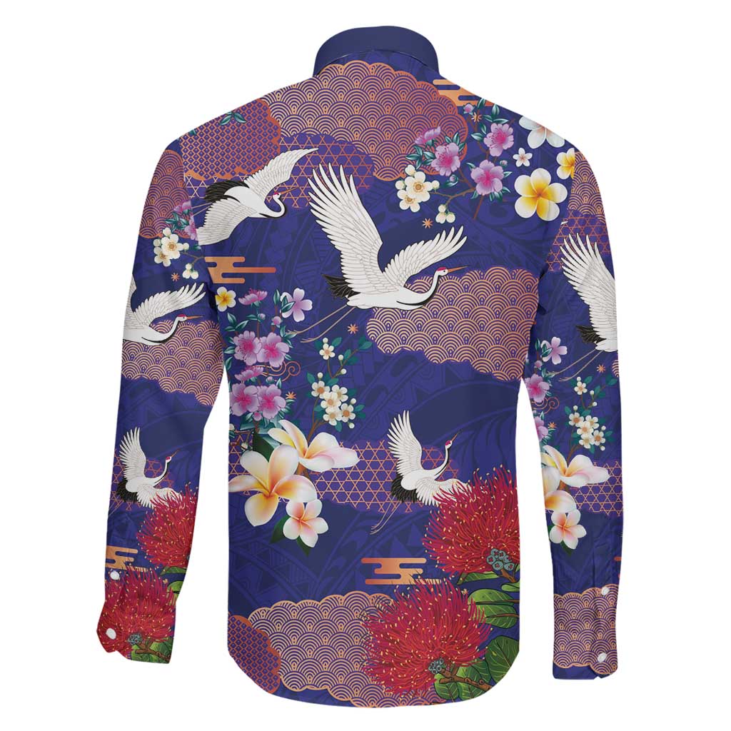 Hawaiian and Japanese Culture Together Family Matching Off The Shoulder Long Sleeve Dress and Hawaiian Shirt Blue Ohia Lehua Plumeria and Sakura Blooming LT03 - Polynesian Pride