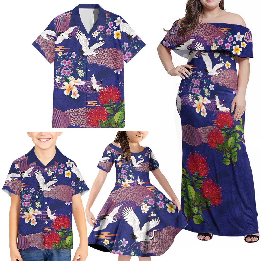 Hawaiian and Japanese Culture Together Family Matching Off Shoulder Maxi Dress and Hawaiian Shirt Blue Ohia Lehua Plumeria and Sakura Blooming - Polynesian Pride