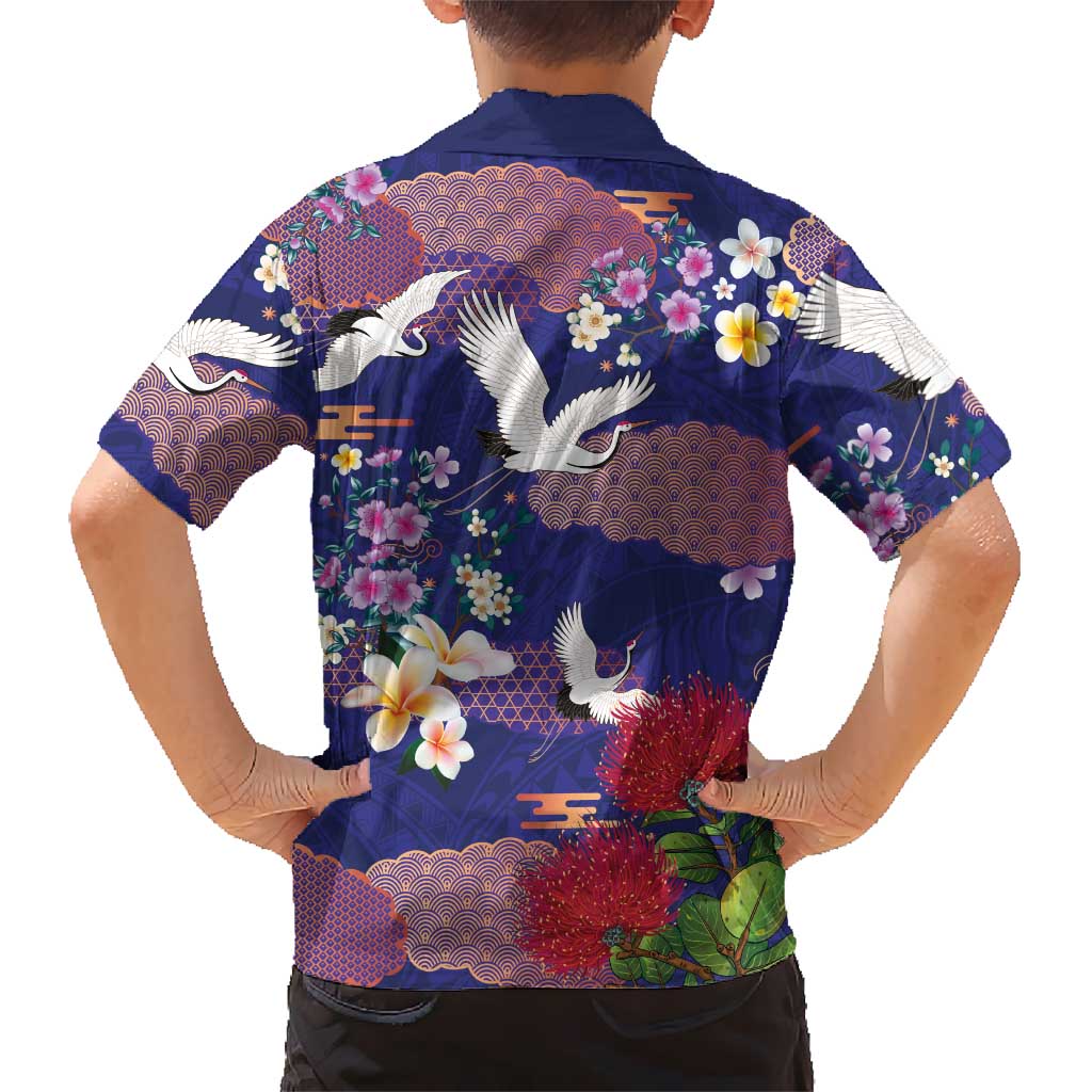 Hawaiian and Japanese Culture Together Family Matching Off Shoulder Short Dress and Hawaiian Shirt Blue Ohia Lehua Plumeria and Sakura Blooming LT03 - Polynesian Pride