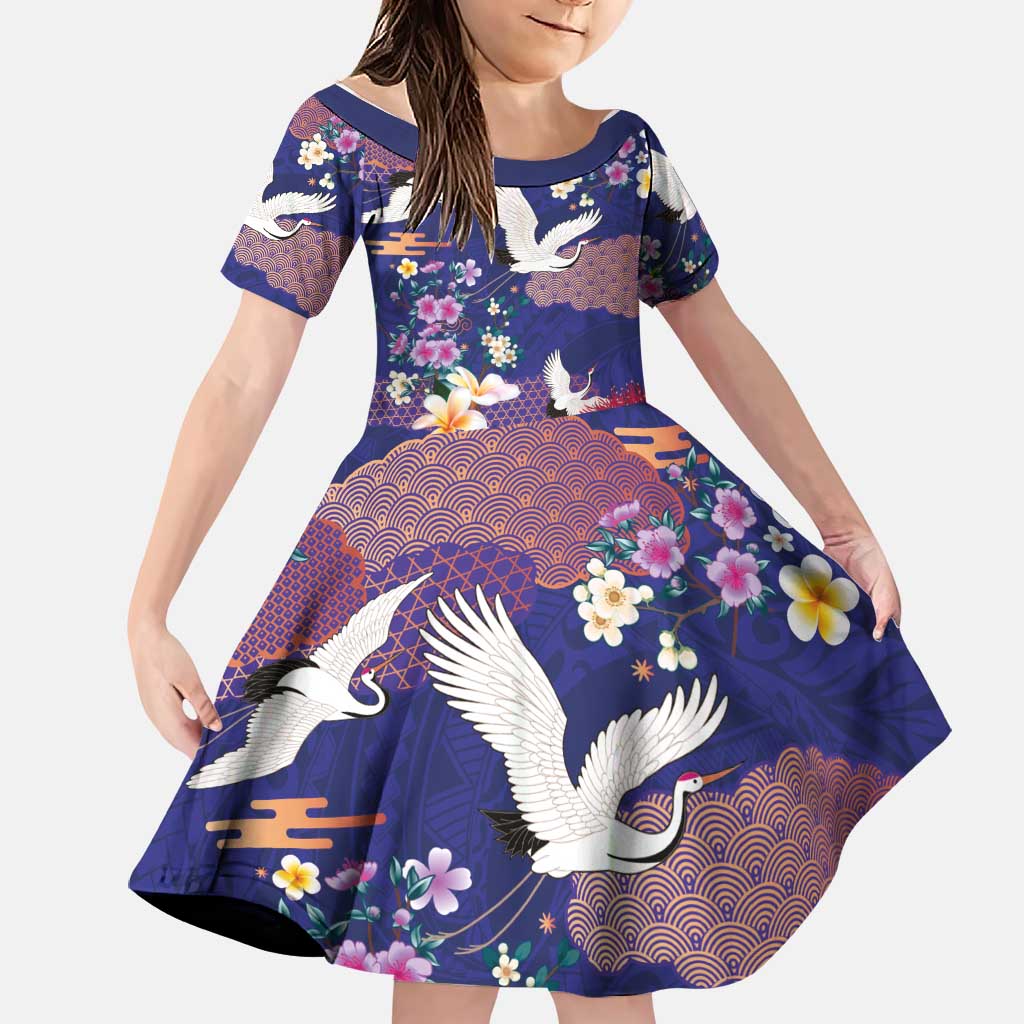 Hawaiian and Japanese Culture Together Family Matching Off Shoulder Short Dress and Hawaiian Shirt Blue Ohia Lehua Plumeria and Sakura Blooming LT03 Daughter's Dress Blue - Polynesian Pride