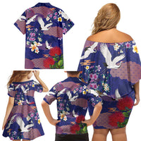 Hawaiian and Japanese Culture Together Family Matching Off Shoulder Short Dress and Hawaiian Shirt Blue Ohia Lehua Plumeria and Sakura Blooming LT03 - Polynesian Pride