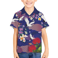 Hawaiian and Japanese Culture Together Family Matching Off Shoulder Short Dress and Hawaiian Shirt Blue Ohia Lehua Plumeria and Sakura Blooming LT03 Son's Shirt Blue - Polynesian Pride