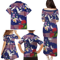 Hawaiian and Japanese Culture Together Family Matching Puletasi and Hawaiian Shirt Blue Ohia Lehua Plumeria and Sakura Blooming LT03 - Polynesian Pride