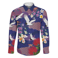 Hawaiian and Japanese Culture Together Family Matching Puletasi and Hawaiian Shirt Blue Ohia Lehua Plumeria and Sakura Blooming LT03 Dad's Shirt - Long Sleeve Blue - Polynesian Pride