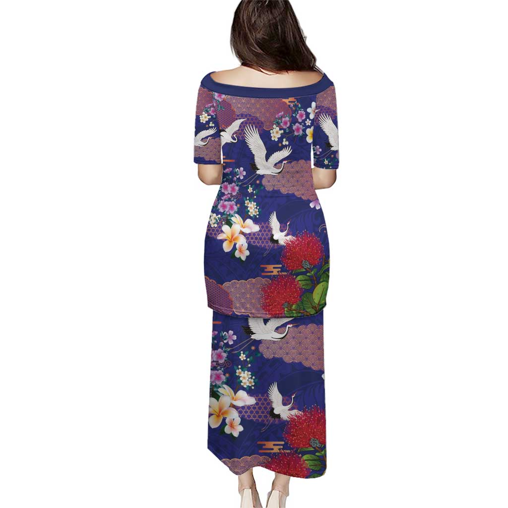 Hawaiian and Japanese Culture Together Family Matching Puletasi and Hawaiian Shirt Blue Ohia Lehua Plumeria and Sakura Blooming LT03 - Polynesian Pride