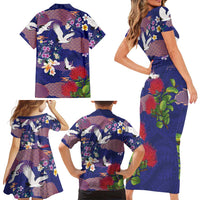 Hawaiian and Japanese Culture Together Family Matching Short Sleeve Bodycon Dress and Hawaiian Shirt Blue Ohia Lehua Plumeria and Sakura Blooming LT03 - Polynesian Pride