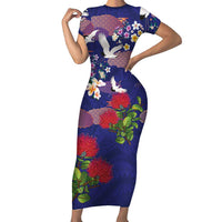 Hawaiian and Japanese Culture Together Family Matching Short Sleeve Bodycon Dress and Hawaiian Shirt Blue Ohia Lehua Plumeria and Sakura Blooming LT03 Mom's Dress Blue - Polynesian Pride