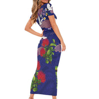 Hawaiian and Japanese Culture Together Family Matching Short Sleeve Bodycon Dress and Hawaiian Shirt Blue Ohia Lehua Plumeria and Sakura Blooming LT03 - Polynesian Pride