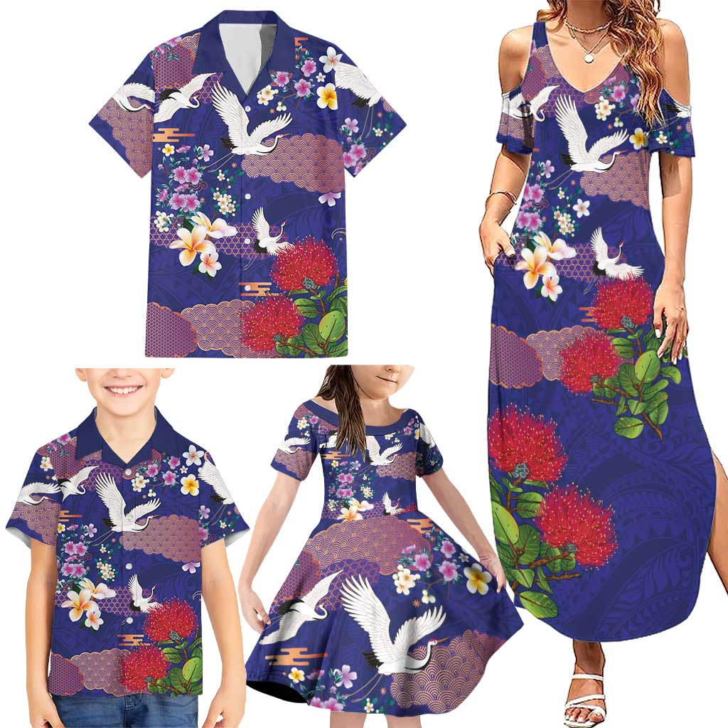 Hawaiian and Japanese Culture Together Family Matching Summer Maxi Dress and Hawaiian Shirt Blue Ohia Lehua Plumeria and Sakura Blooming LT03 - Polynesian Pride