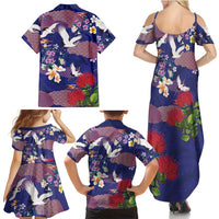 Hawaiian and Japanese Culture Together Family Matching Summer Maxi Dress and Hawaiian Shirt Blue Ohia Lehua Plumeria and Sakura Blooming LT03 - Polynesian Pride