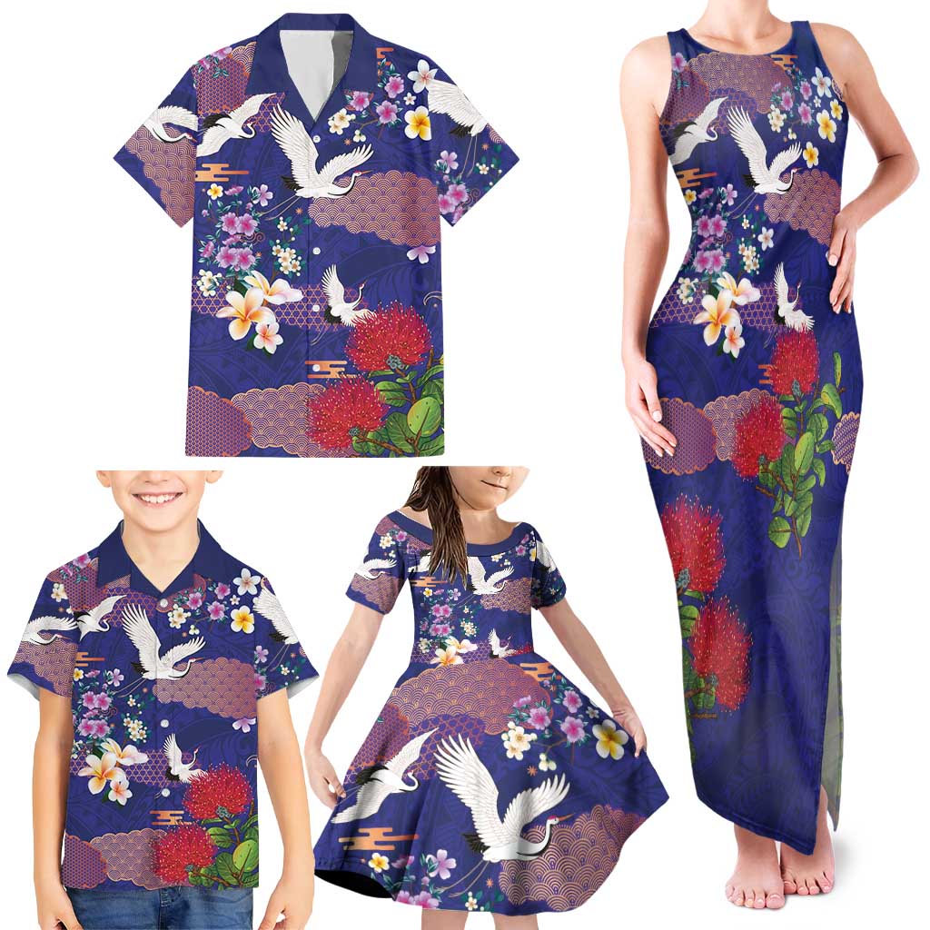 Hawaiian and Japanese Culture Together Family Matching Tank Maxi Dress and Hawaiian Shirt Blue Ohia Lehua Plumeria and Sakura Blooming LT03 - Polynesian Pride