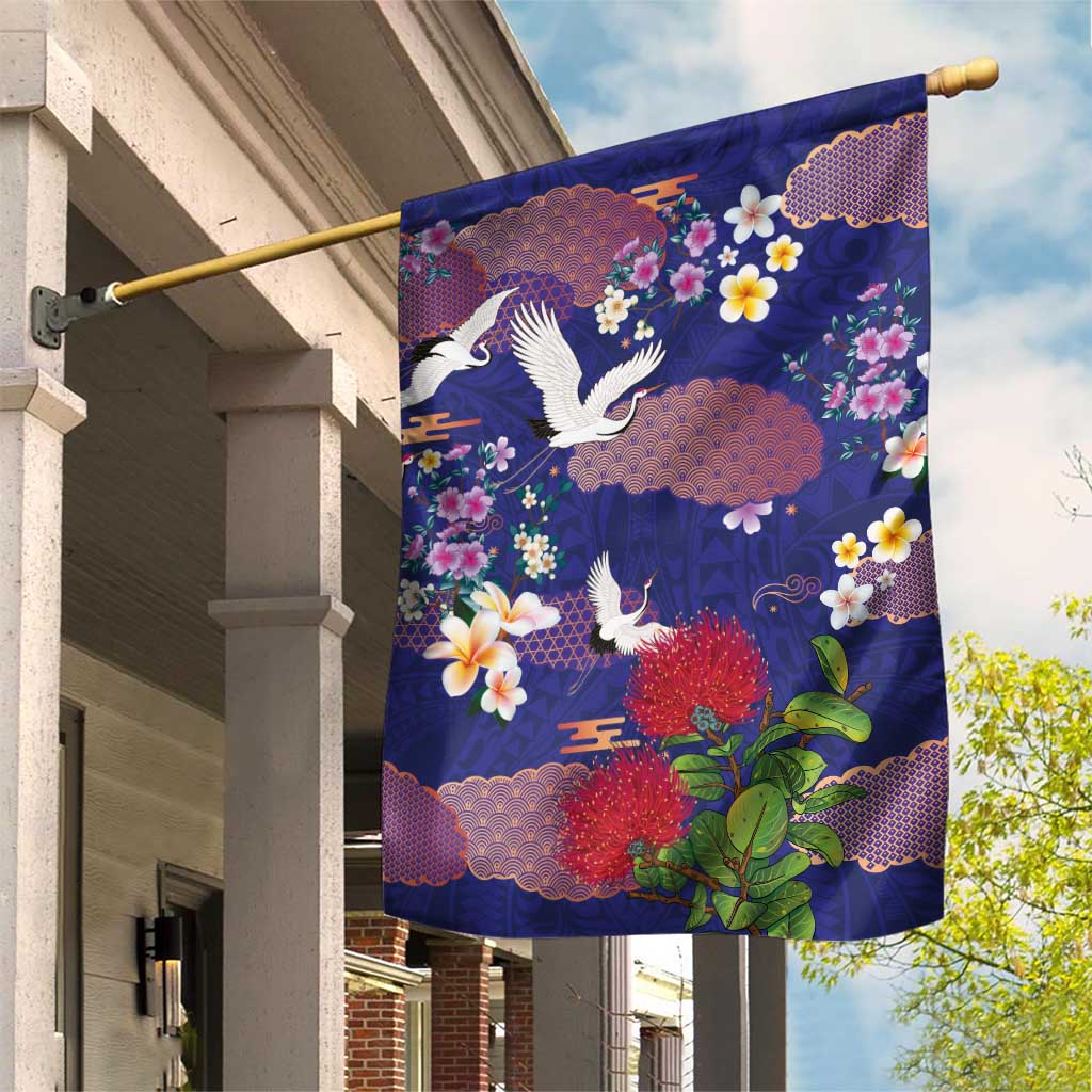 Hawaiian and Japanese Culture Together Garden Flag Blue Ohia Lehua Plumeria and Sakura Blooming LT03 House Flag Blue - Polynesian Pride