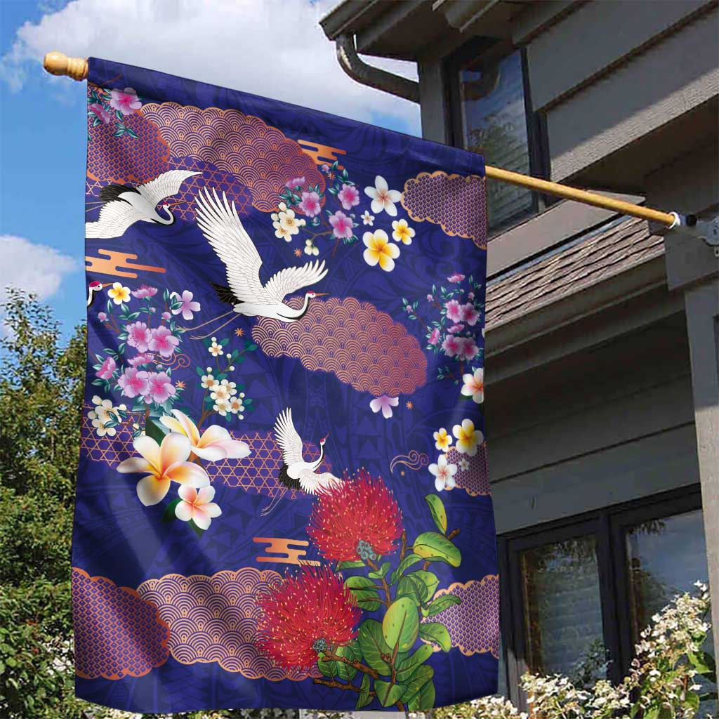Hawaiian and Japanese Culture Together Garden Flag Blue Ohia Lehua Plumeria and Sakura Blooming LT03 - Polynesian Pride