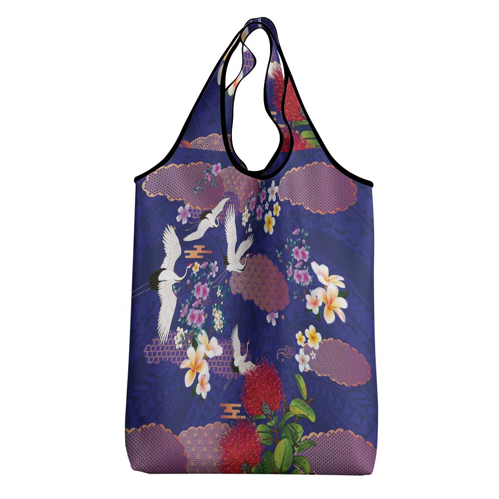 Hawaiian and Japanese Culture Together Grocery Bag Blue Ohia Lehua Plumeria and Sakura Blooming LT03 - Polynesian Pride