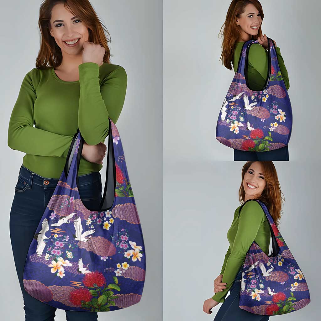 Hawaiian and Japanese Culture Together Grocery Bag Blue Ohia Lehua Plumeria and Sakura Blooming LT03 - Polynesian Pride