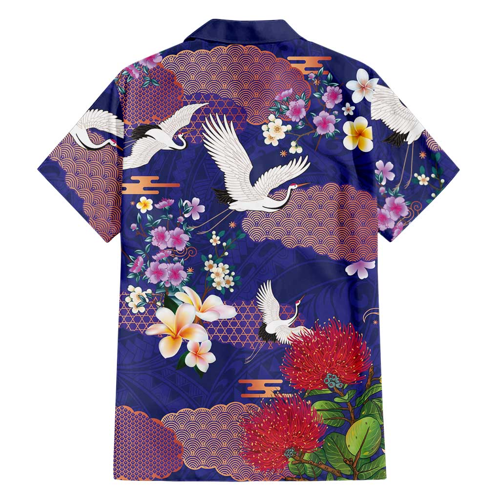 Hawaiian and Japanese Culture Together Hawaiian Shirt Blue Ohia Lehua Plumeria and Sakura Blooming LT03 - Polynesian Pride