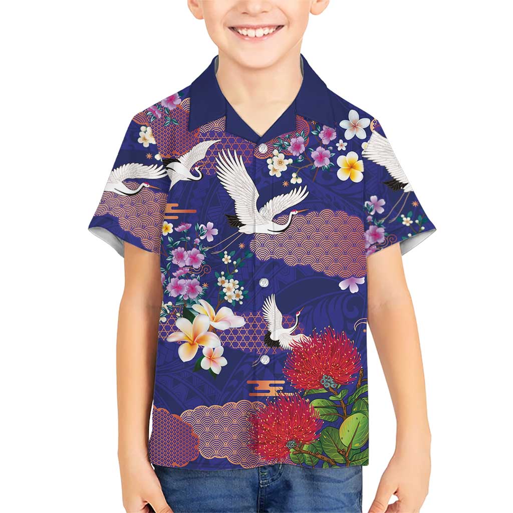Hawaiian and Japanese Culture Together Hawaiian Shirt Blue Ohia Lehua Plumeria and Sakura Blooming LT03 - Polynesian Pride