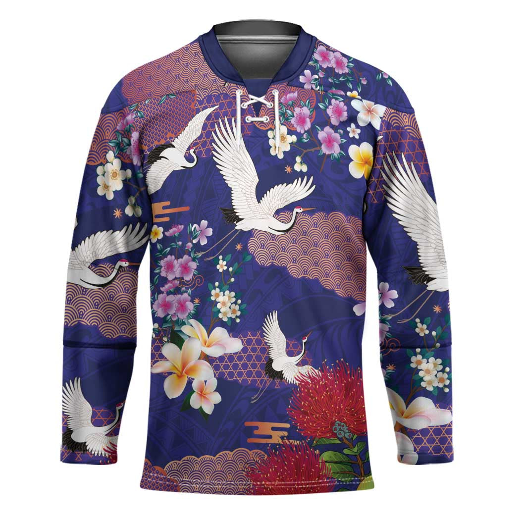 Hawaiian and Japanese Culture Together Hockey Jersey Blue Ohia Lehua Plumeria and Sakura Blooming LT03 Unisex Blue - Polynesian Pride