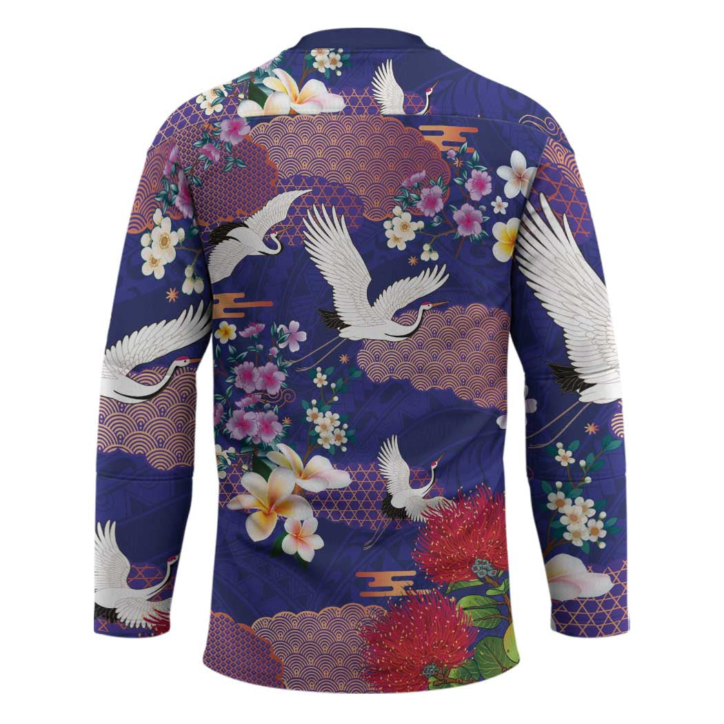 Hawaiian and Japanese Culture Together Hockey Jersey Blue Ohia Lehua Plumeria and Sakura Blooming LT03 - Polynesian Pride