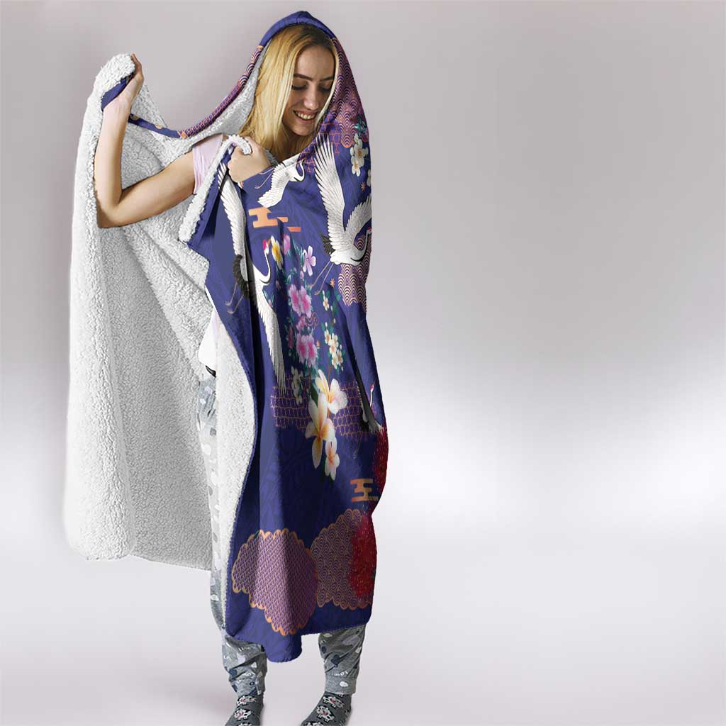 Hawaiian and Japanese Culture Together Hooded Blanket Blue Ohia Lehua Plumeria and Sakura Blooming LT03 - Polynesian Pride