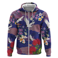 Hawaiian and Japanese Culture Together Hoodie Blue Ohia Lehua Plumeria and Sakura Blooming LT03 Zip Hoodie Blue - Polynesian Pride